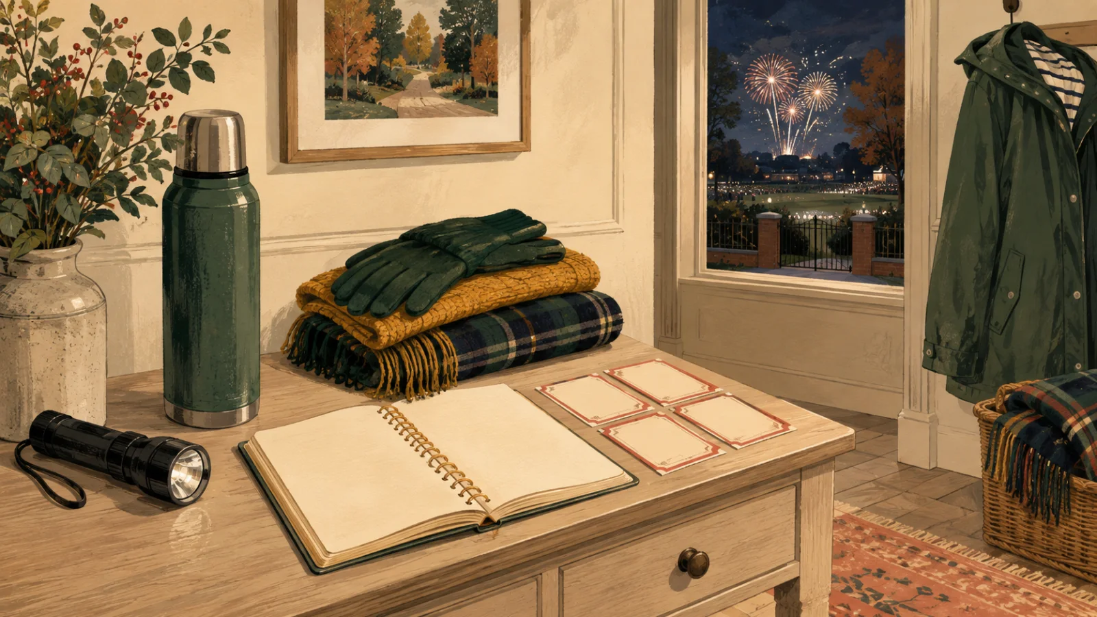 Bonfire Night planning table with blank tickets, a checklist, warm layers, torch and a distant organised display