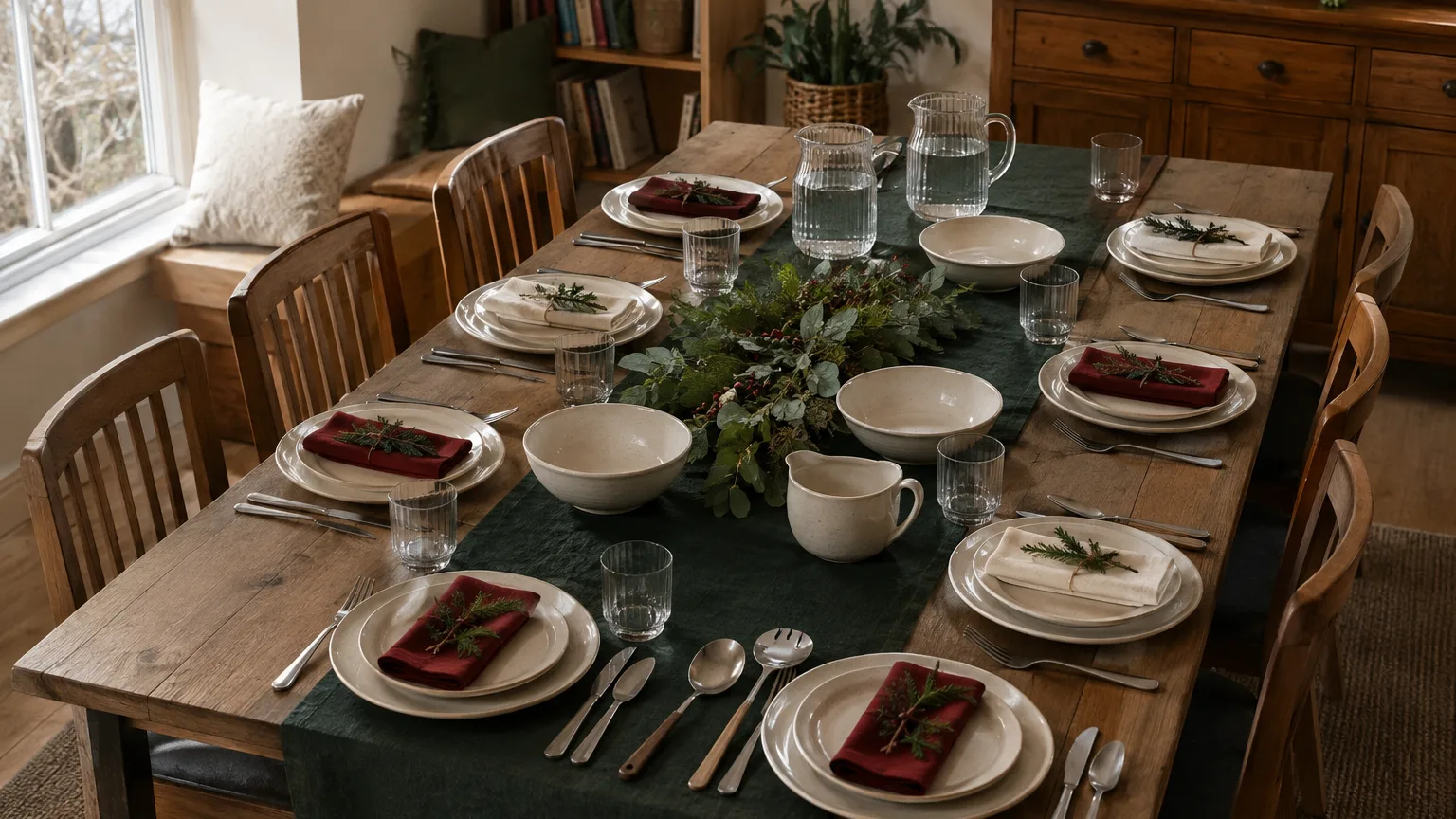Candle-free Christmas dining table staged for eight with a narrow green runner, low foliage, serving bowls and water jugs