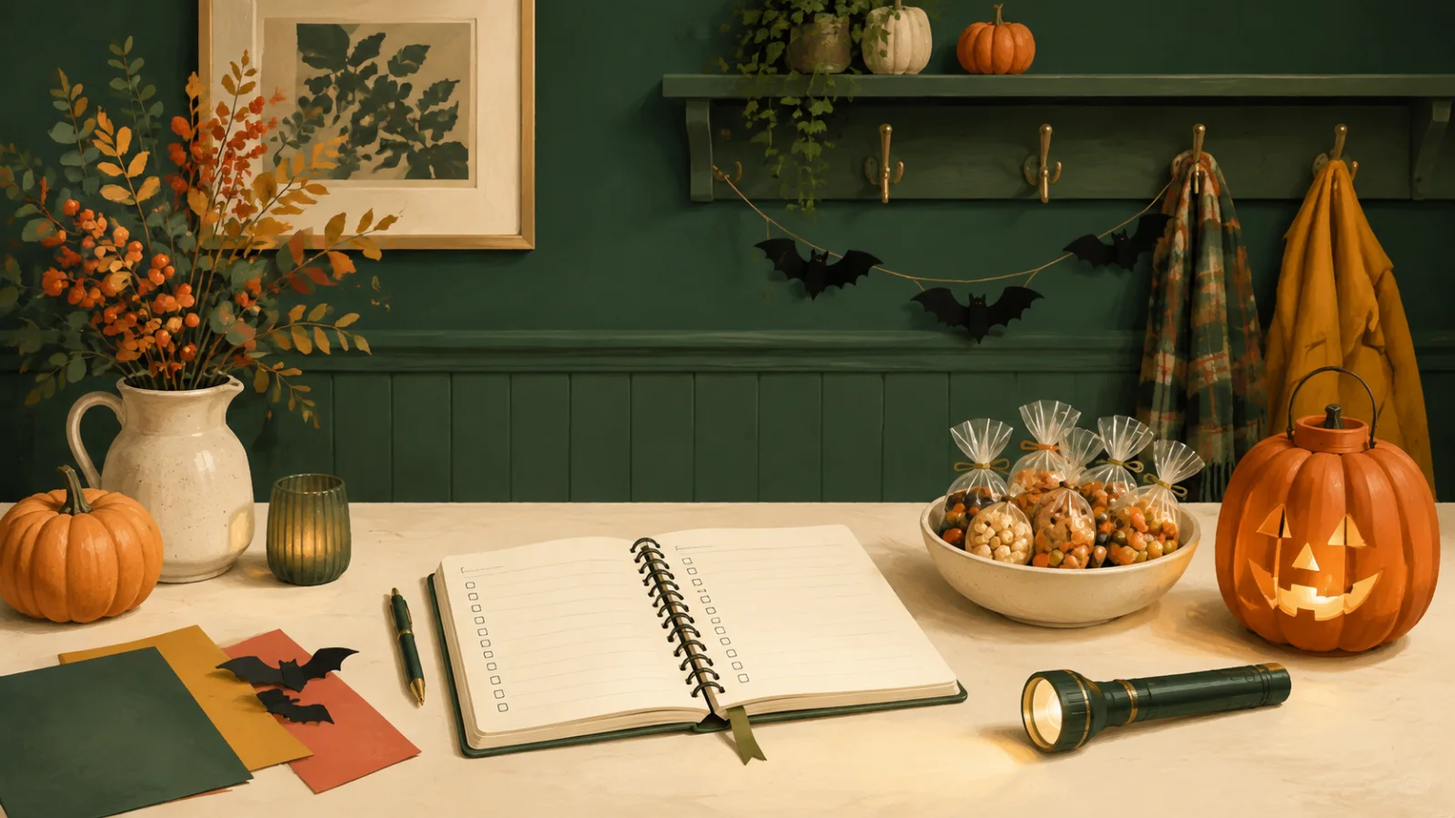 Organised Halloween planning table with a blank checklist, wrapped treats, torch and flameless pumpkin light