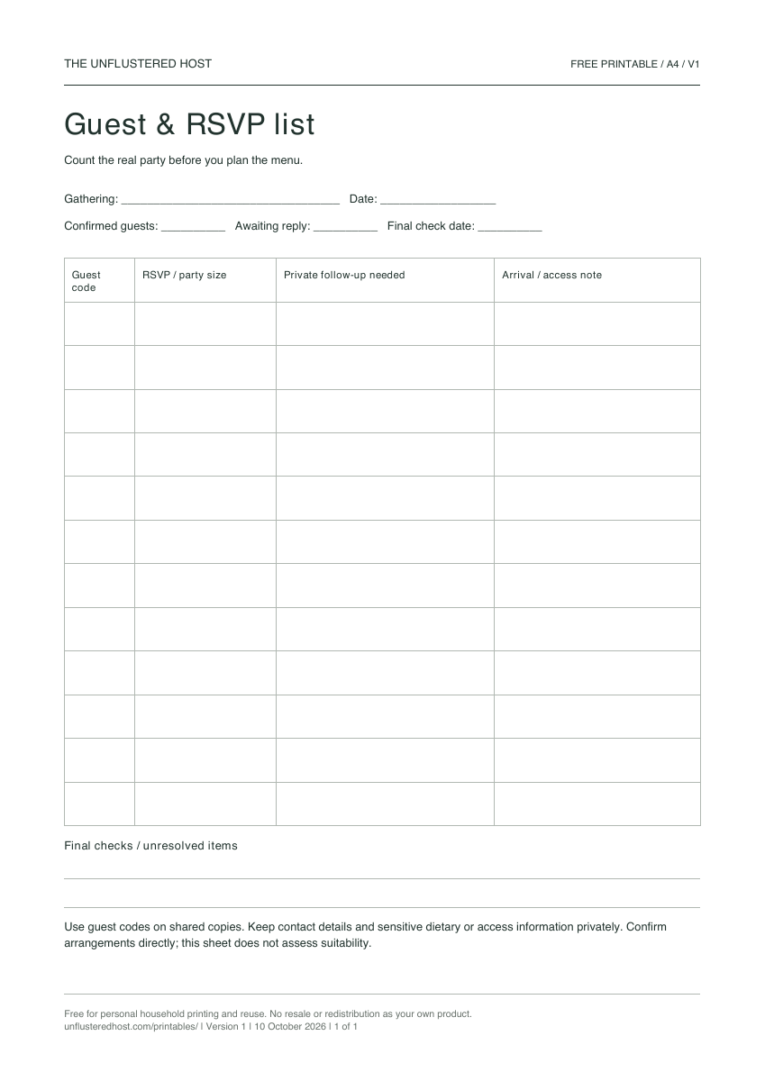 Preview of the blank Guest & RSVP list worksheet