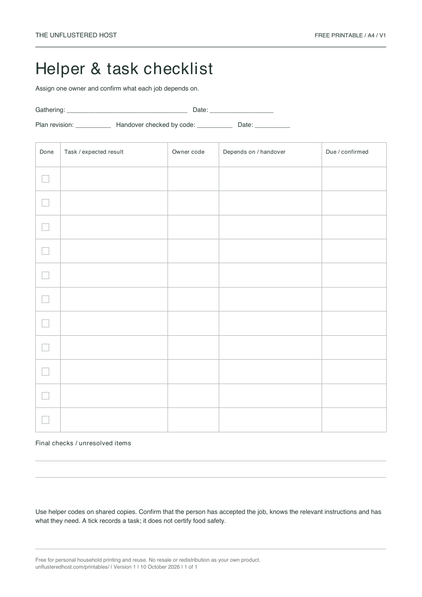 Preview of the blank Helper & task checklist worksheet