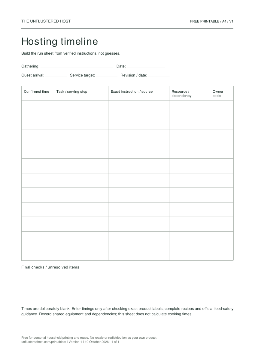Preview of the blank Hosting timeline worksheet