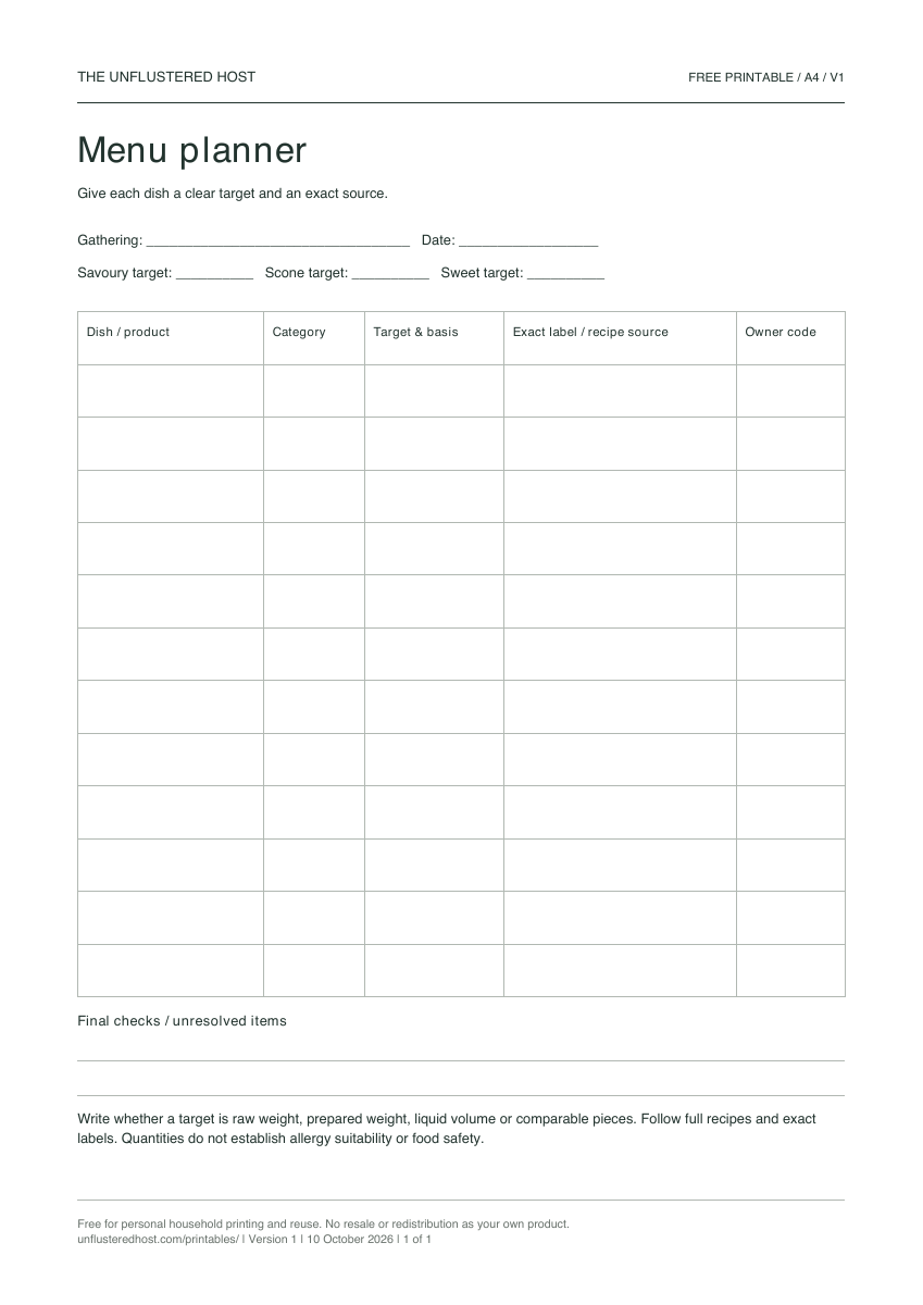 Preview of the blank Menu planner worksheet