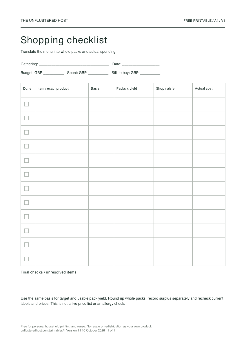 Preview of the blank Shopping checklist worksheet